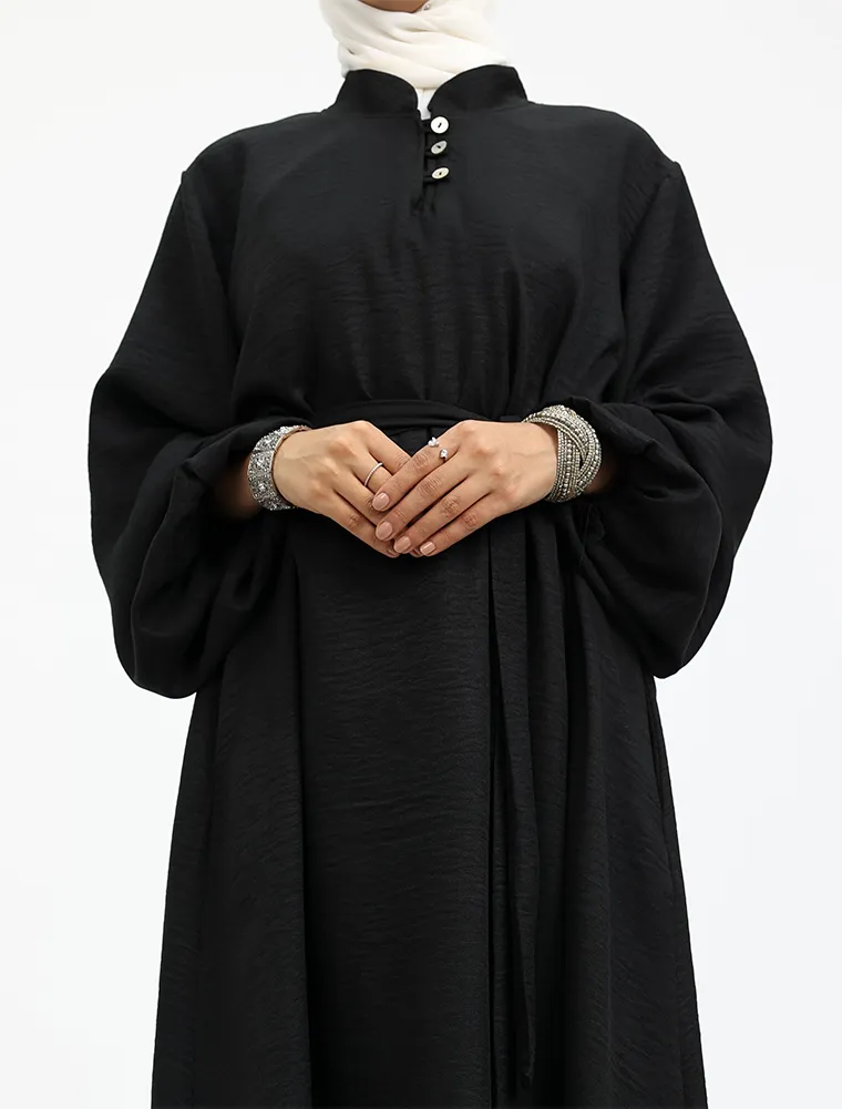 Black Linen Feel Nehru Collar Maxi